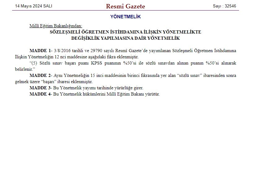 14 Mayıs 2024 Tarihli Resmi Gazete’de öğretmen Atamalarında Mülakat Düzenlemesi Yer Aldı