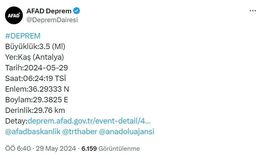 29 Mayıs’ta Antalya’da 3.7 Büyüklüğünde Deprem Meydana Geldi