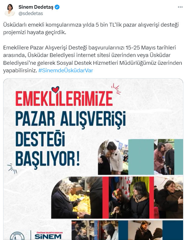 Chp’li Üsküdar Belediye Başkanı Sinem Dedetaş, Üsküdarlı Emeklilere 5 Bin Tl Pazar Alışverişi Desteği Verecek