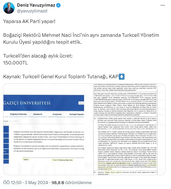 Turkcell’in yeni yönetim kurulu üyesi Boğaziçi Üniversitesi Rektörü Prof. Dr. Mehmet Naci, aylık 150 bin TL ücret alacak 2