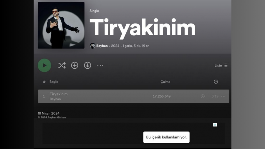 Globalde Viral Listesinde Birinci Sırada Yer Alan Bayhan’ın Tiryakinim şarkısı Spotify’dan Kaldırıldı