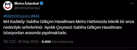 M4 Kadıköy Sabiha Gökçen Havalimanı Metrosunda Arıza! Seferler Ayrılık Çeşmesi Ile Sabiha Gökçen Arasında Yapılacak