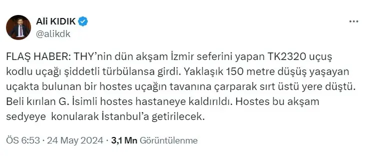 Thy Uçağında Türbülans Kabusu! Sırt üstü Düşen Kabin Memurunun Beli Kırıldı