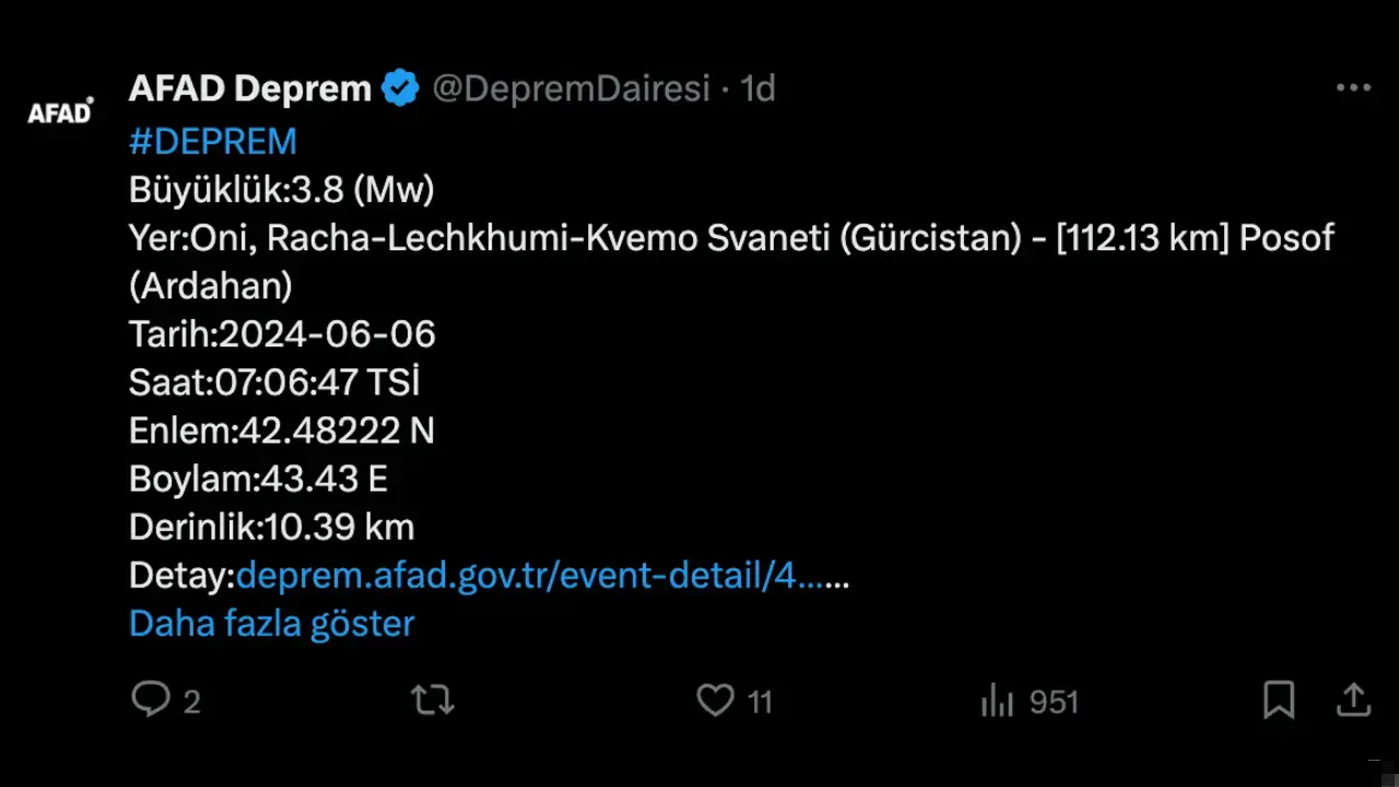 6 Haziran Son Depremler: Posof Ardahan’da 3.8 Büyüklüğünde Deprem Meydana Geldi