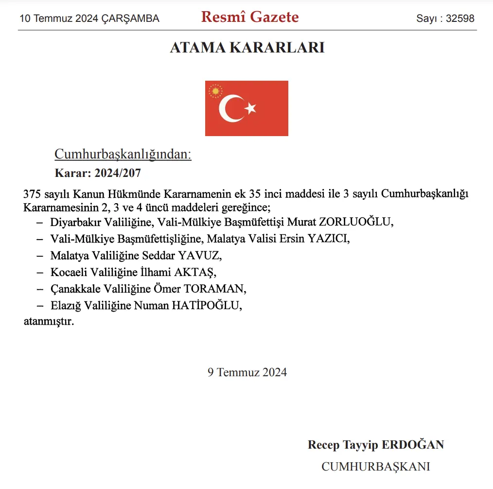 10 Temmuz 2024 Resmi Gazete atama kararları