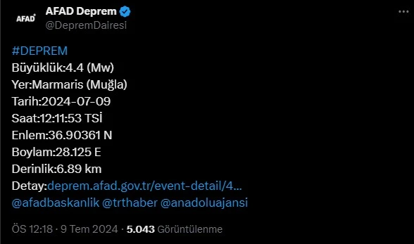 Mugla Marmaris son dakika deprem kac siddetinde, deprem ne zaman ,saat kacta oldu?