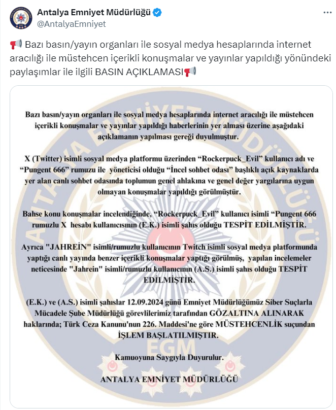 Jahrein ve Pungent666 müstehcenlik suçu nedeniyle gözaltına alındı