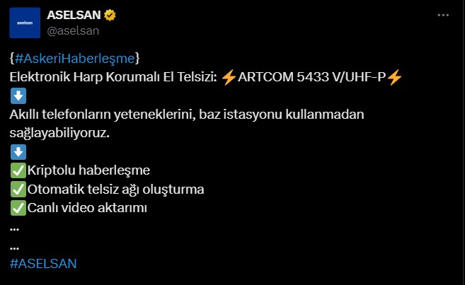 ARTCOM 5433 V/UHF-P ASELSAN kriptolu telsiz özellikleri