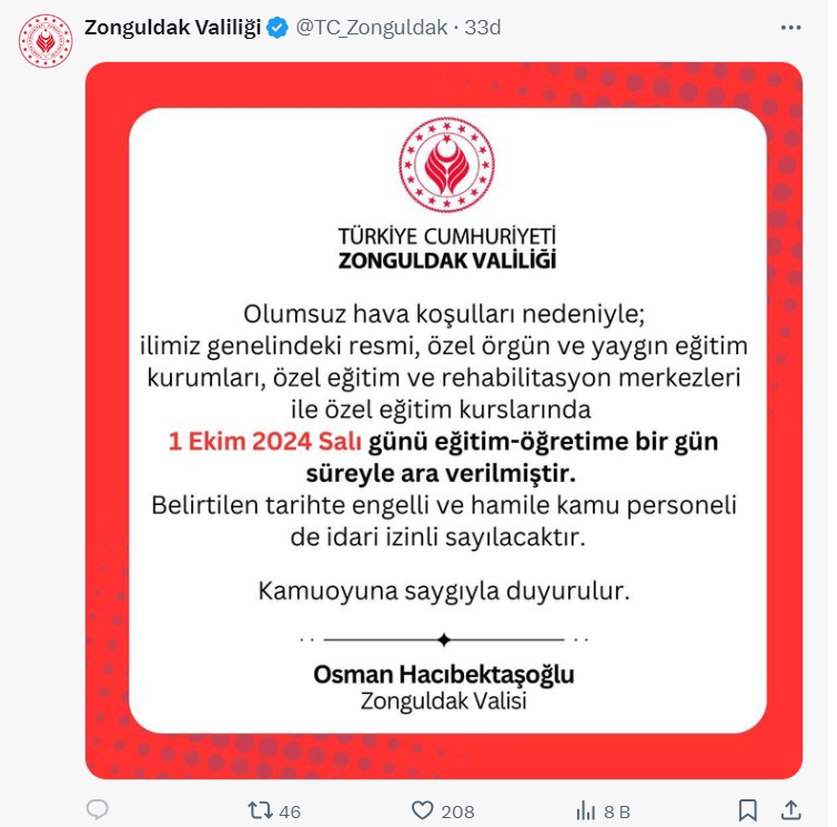 Zonguldak Valiliği twitter 