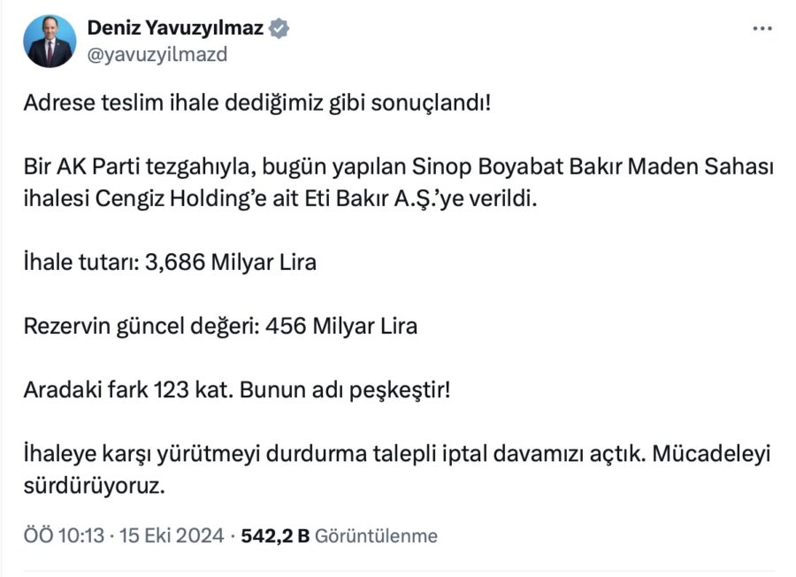 SİNOP BOYABAT BAKIR MADENİ SAHASI ihalesi kaç tl ne kadar