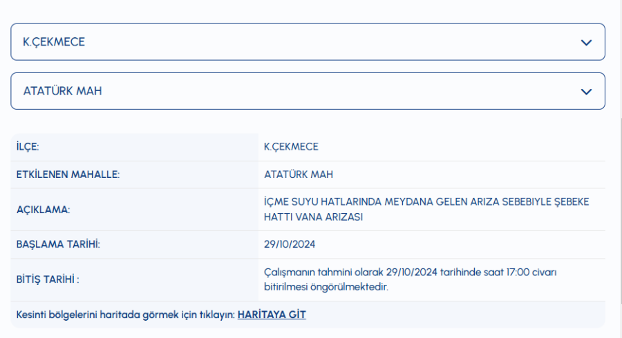 Küçükçekmece su kesintisi 29 Ekim