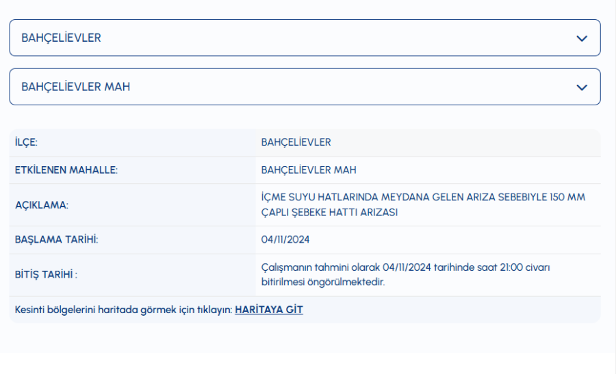 Bahçelievler Mahallesi su kesintisi 