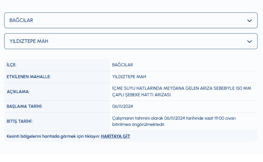 Bağcılar Yıldıztepe Mahallesi su kesintisi