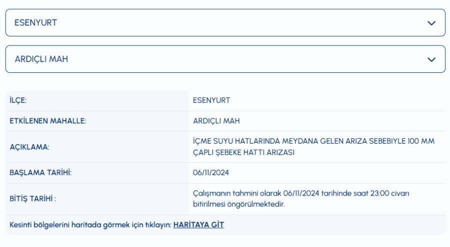 Esenyurt Ardıçlı Mahallesi su kesintisi