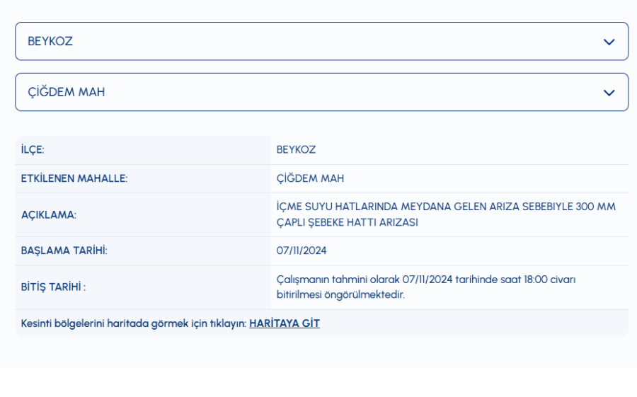 Beykoz su kesintisi Çiğdem Mahallesi