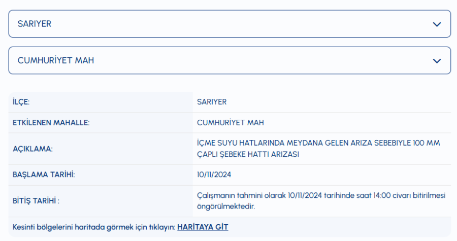 Sarıyer Cumhuriyet Mahallesi su kesintisi