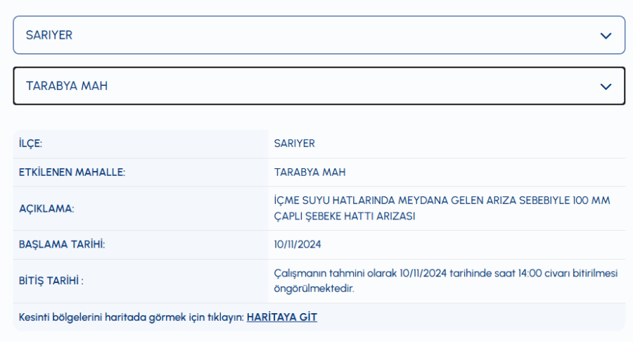 Sarıyer Tarabya Mahallesi su kesintisi