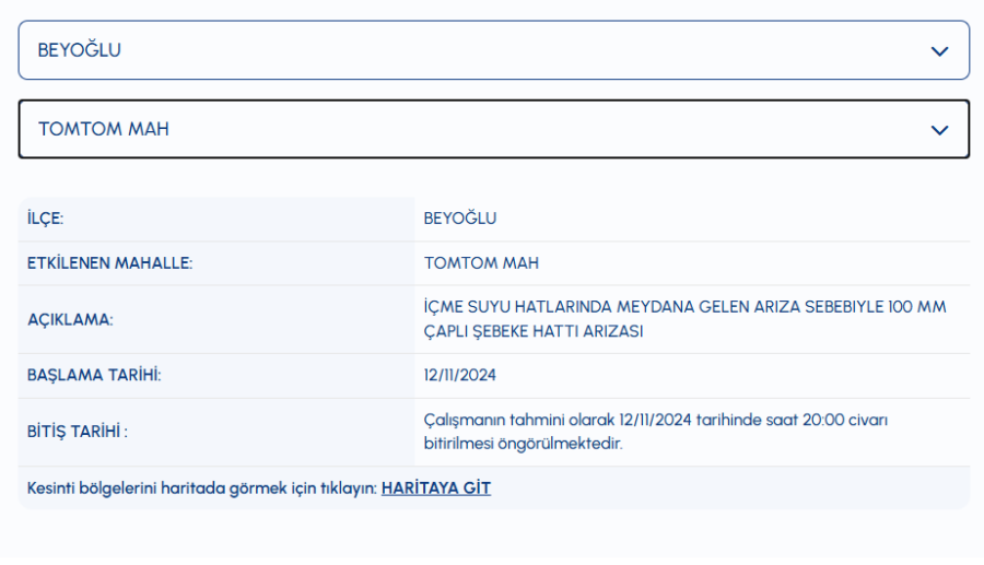 Beyoğlu su kesintisi Tomtom Mahallesi su kesintisi