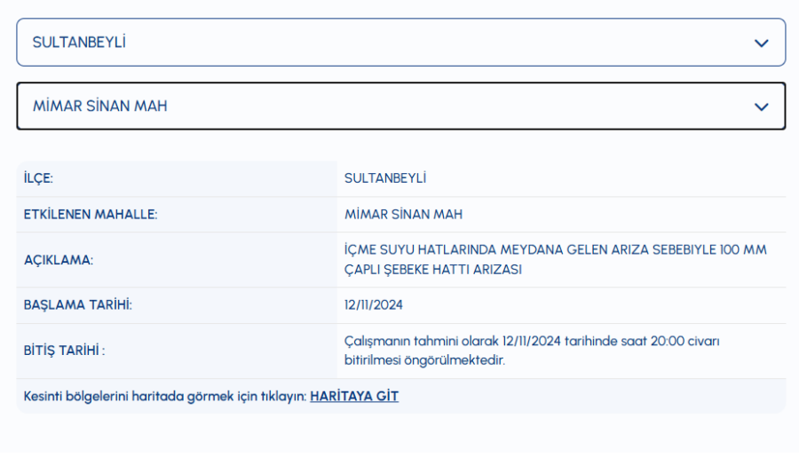 Sultanbeyli su kesintisi Mimar Sinan Mahallesi su kesintisi