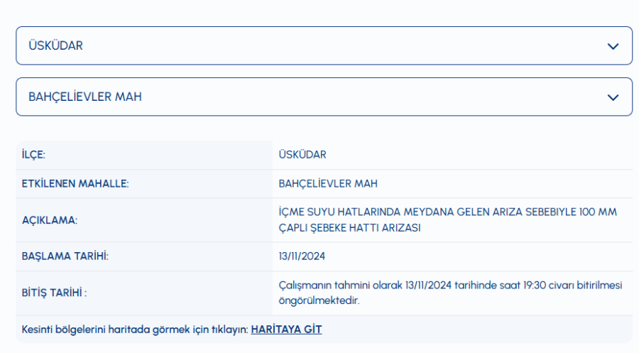 Üsküdar su kesintisi Bahçelievler Mahallesi su kesintisi
