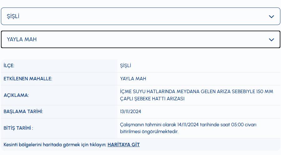 Şişli su kesintisi Yayla Mahallesi su kesintisi