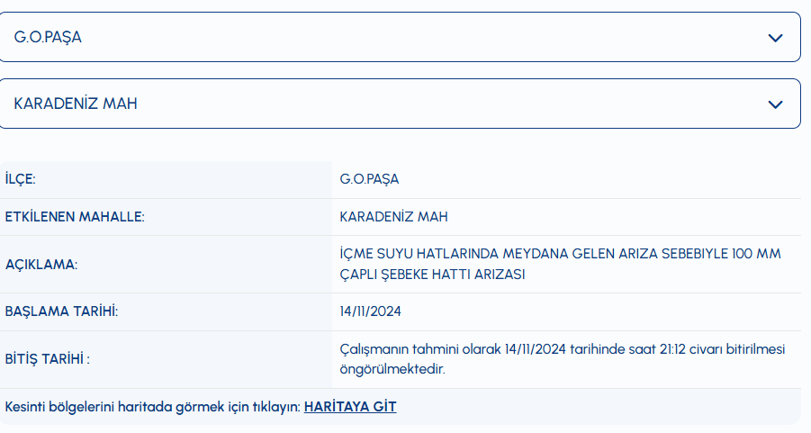 Gaziosmanpaşa su kesintisi Karadeniz Mahallesi su kesintisi