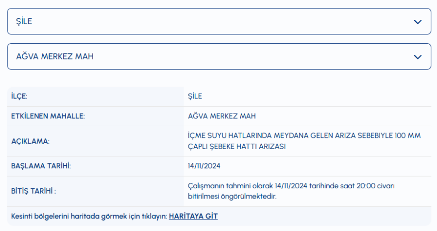 Şile su kesintisi Ağva Merkez Mahallesi su kesintisi