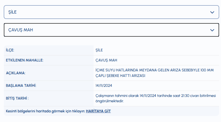 Şile su kesintisi Çavuş Mahallesi su kesintisi