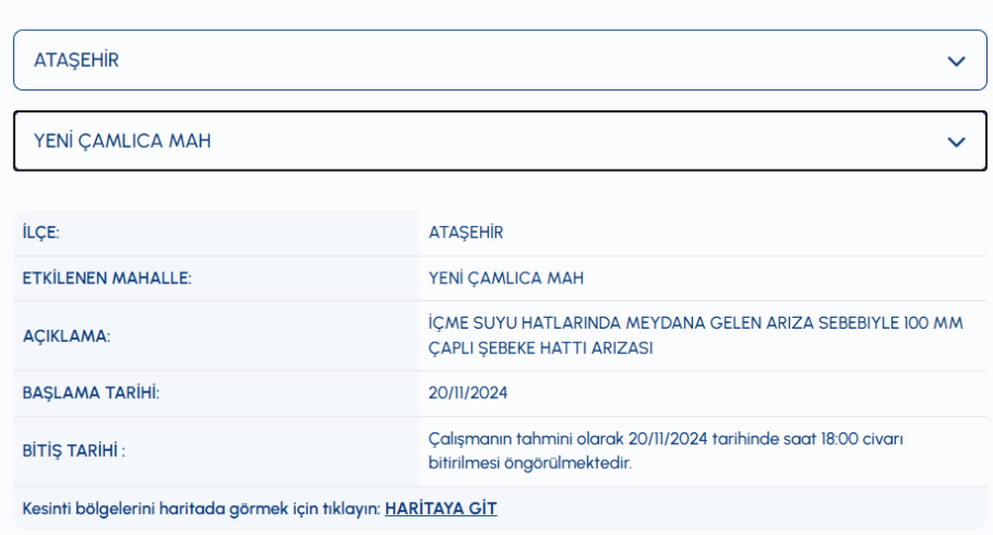 Ataşehir su kesintisi Yeni Çamlıca Mahallesi su kesintisi