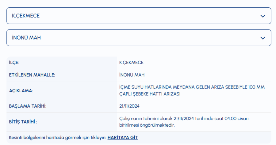 Küçükçekmece su kesintisi 21 Kasım