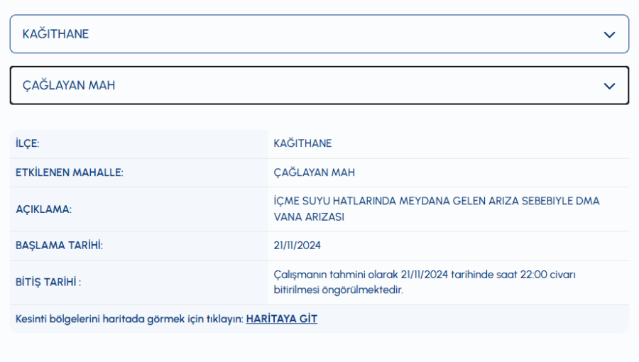 Kağıthane su kesintisi Çağlayan Mahallesi su kesintisi