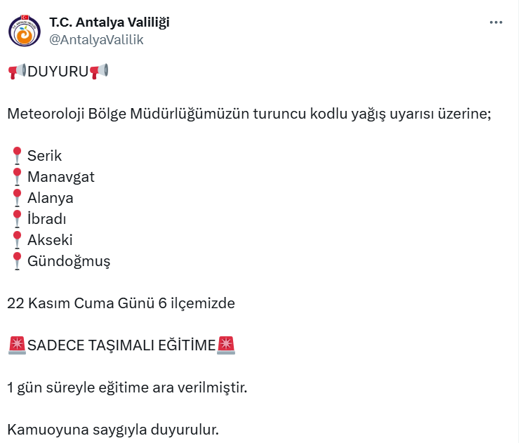 22 Kasım Antalya okullar tatil mi