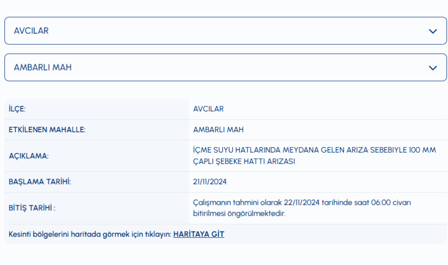 Avcılar su kesintisi Ambarlı Mahallesi su kesintisi