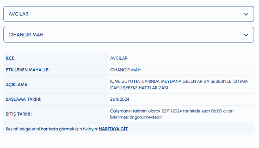 Avcılar su kesintisi Cihangir Mahallesi su kesintisi