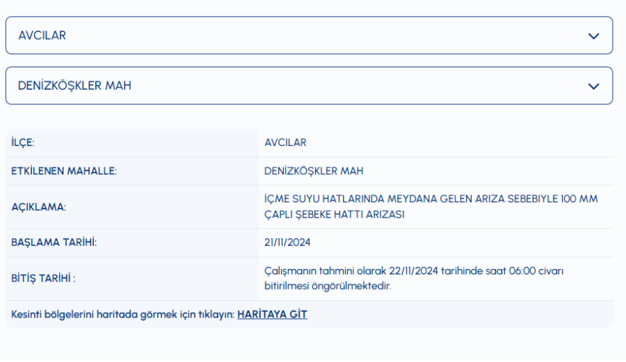 Avcılar su kesintisi Denizköşkler Mahallesi su kesintisi