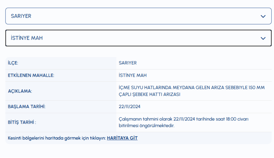 Sarıyer su kesintisi İstinye Mahallesi su kesintisi