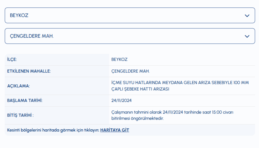 Beykoz su kesintisi 24 Kasım