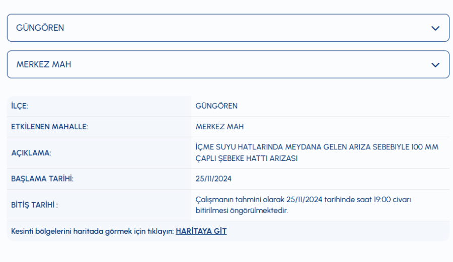 Güngören Merkez Mahallesi su kesintisi 25 Kasım