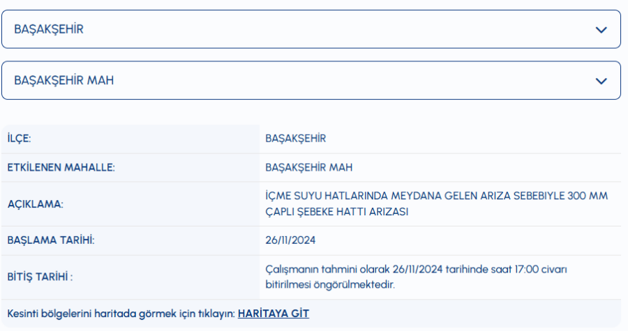 Başakşehir su kesintisi 26 Kasım