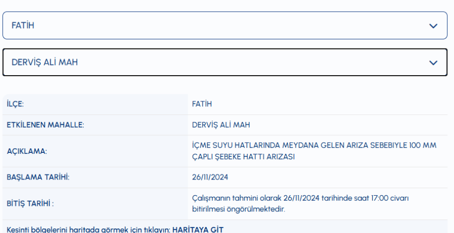 Fatih Derviş Ali Mahallesi su kesintisi