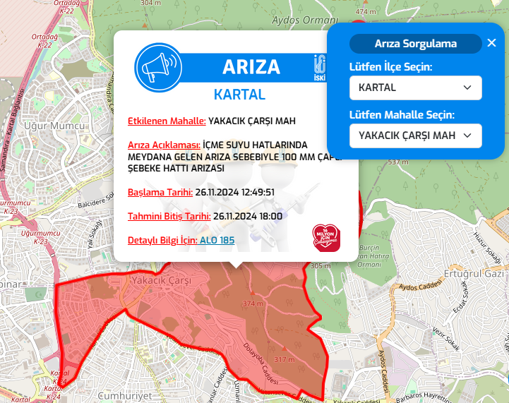 Kartal Yakacık Yeni Mahallesi su kesintisi