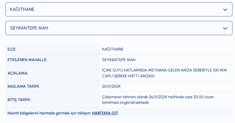 Kağıthane su kesintisi 26 Kasım Seyrantepe Mahallesi su kesintisi