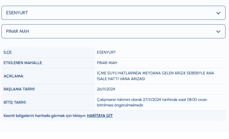 Esenyurt su kesintisi Pınar Mahallesi su kesintisi