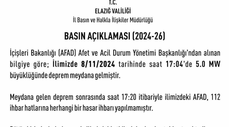 Elazığ Valiliği: "Deprem sonrası herhangi bir hasar ihbarı yapılmamıştır" 1