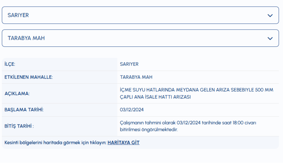 Sarıyer su kesintisi 3 Aralık