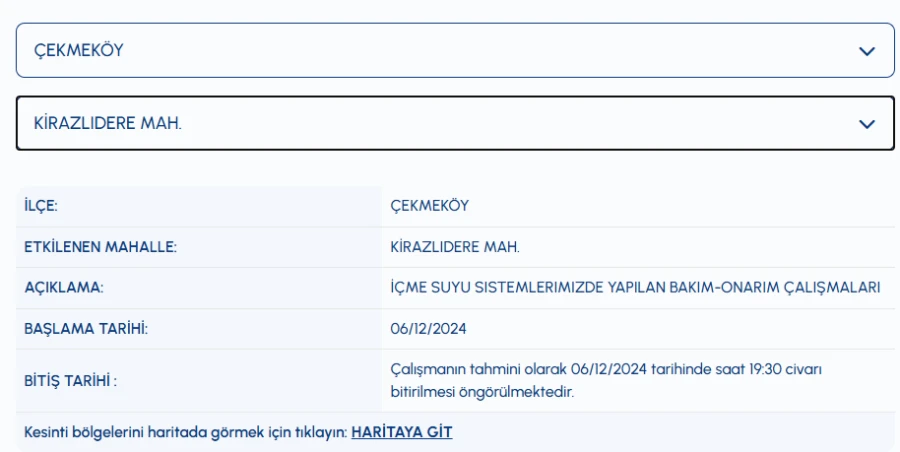 Eyüpsultan su kesintisi 6 Aralık