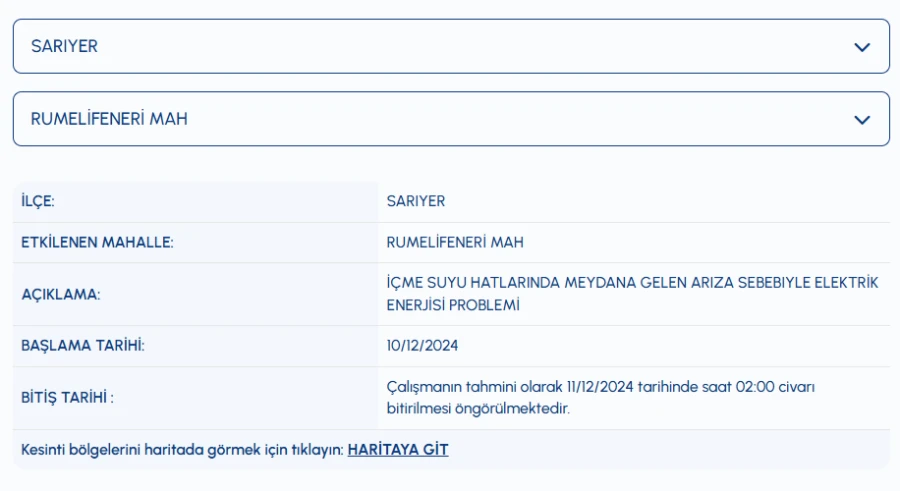 Sarıyer su kesintisi 10 Aralık