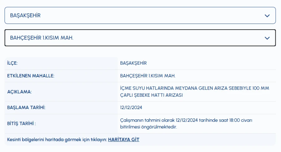 Başakşehir su kesintisi 12 Aralık