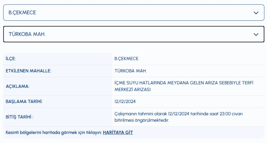 iski büyükçekmece su kesintisi 12 Aralık