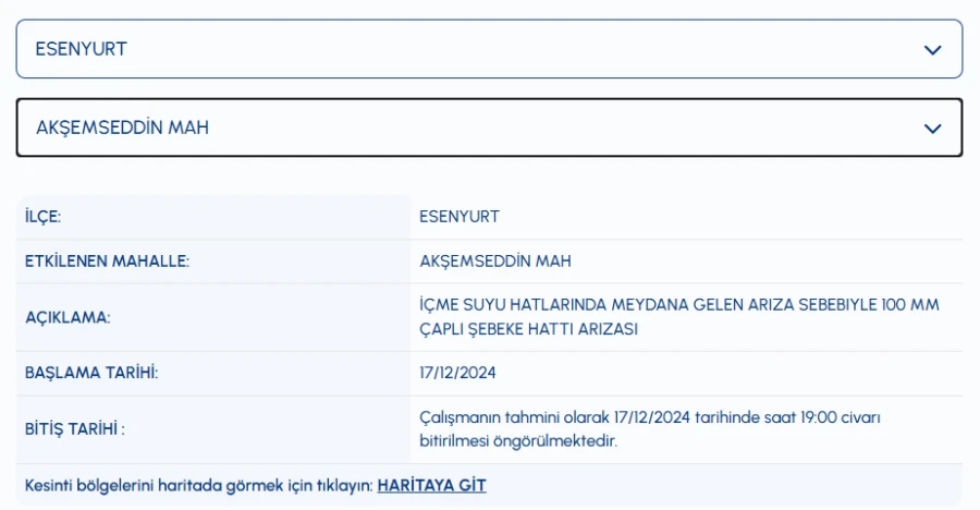 Esenyurt su kesintisi 17 Aralık